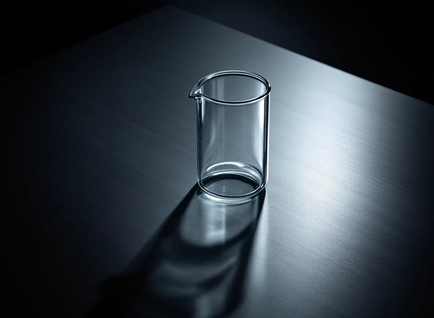 Editorial cover photograph: a clear laboratory beaker on a brushed-steel surface in cinematic cool light