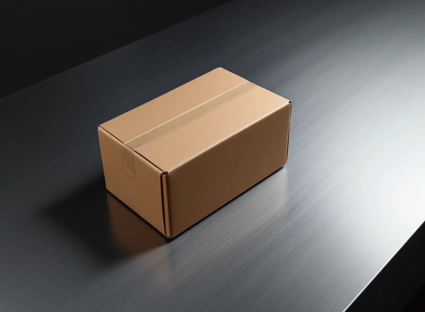 Editorial plate: a single unbranded parcel on a brushed-steel surface in cinematic cool light