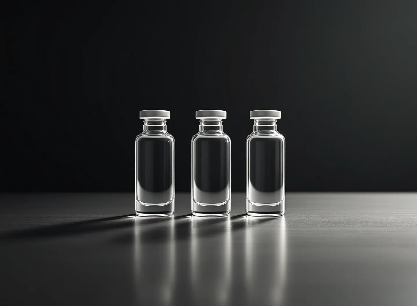 Editorial plate: three identical glass vials arrayed on a brushed-steel surface in cinematic cool light