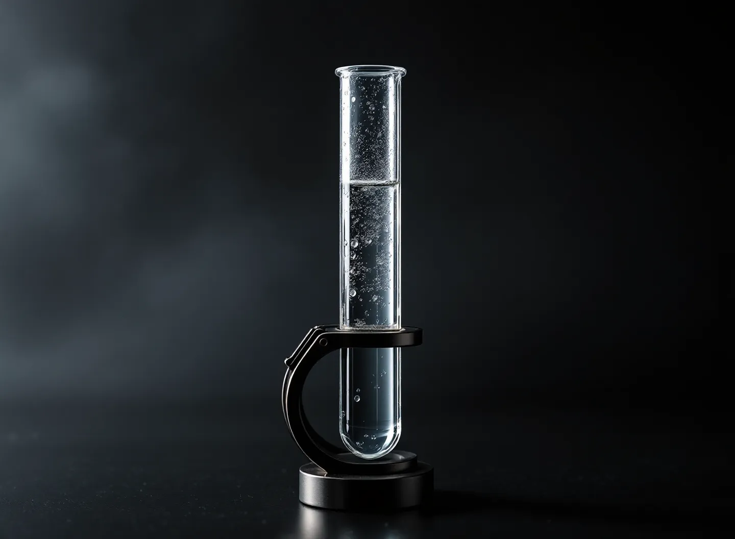 Editorial plate: a single test tube against a graphite ground in cinematic cool light
