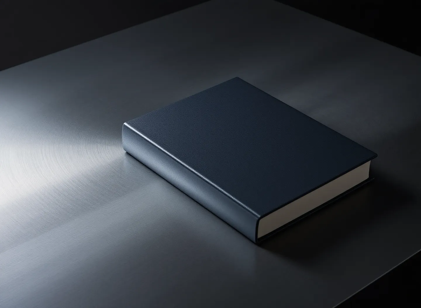 Editorial plate: a single hardcover book closed on a brushed-steel surface in cinematic cool light